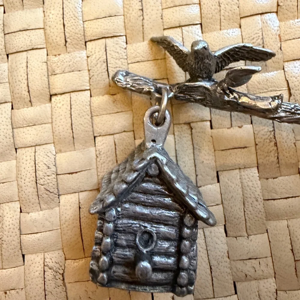 Vintage pewter candle, snuffer bird on branch and birdhouse 6 inches